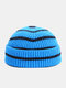 Unisex Knitted Color Contrast Striped Jacquard Dome Warmth Brimless Beanie Landlord Cap Skull Cap - Blue