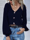 Women Solid Ribbed Button Long Sleeve V-neck Cardigan - Navy