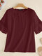 Tiered Ruffle Sleeve Solid Tie Front Crew Neck Blouse - Wine Red