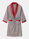 Men Geometric Faux Silk Pajamas Robe Soft Classical Drawstring Loungewear Bathing Suits - Red