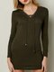 Knitted V-neck Lace-up Long Sleeve Women Mini Dress - Army Green