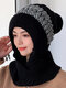 Women Knitted Plus Velvet Color-match Pleated Stripes Fur Ball Decoration One-piece Scarf Hat Anti-cold Ear Protection Beanie Hat - Black