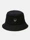 Unisex Cotton Solid Color Smile Face Pattern Embroidery Simple Sunshade Bucket Hat - Black