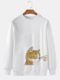 Mens Cartoon Cat Hand Print Crew Neck Pullover Sweatshirts - White