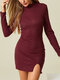Solid Color Half Collar Long Sleeve Slit Hem Casual Dress - Wine Red