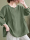 Lace Trim Long Sleeve Casual Crew Neck Blouse - Green