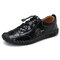 Men Hand Stitching Non Slip Elastic Lace Soft Sole Casual Leather Shoes - Black