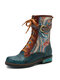 SOCOFY Embossed Genuine Leather Splicing Fancy Pattern Lace Up Zipper Flat Short Boots - Blue