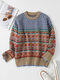Geo Jacquard Contrast Color Long Sleeve Pullover Knit Sweater - Khaki