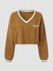 Plus Size V-neck Letter Sweater - Brown