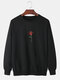 Mens Cotton Rose Print Crew Neck Casual Pullover Sweatshirts - Black