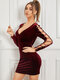 Solid Lace Up Long Sleeve V-neck Bodycon Sexy Dress - Wine Red