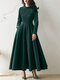 Women Solid Stand Collar Corduroy Long Sleeve Casual Dress - Green