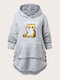 Plus Size Cartoon Cat Pattern Pocket Button Fluffy Hoodie - Gray