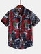 Men Ethnic Floral Printing Causal Short Sleeve Turn Down Collar Shirt - Color