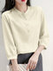 Solid Button 3/4 Sleeve Stand Collar Blouse For Women - Apricot