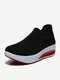 Women Knitted Fabric Comfy Breathable Casual Slip On Fashion Rocker Sole Casaul Sock Sneakers - Black Red