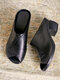 Women Solid Color Retro Peep Toe Chunky Heels Slippers - Black