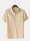 Mens Cotton Linen Lapel Chest Pocket Solid Basics Short Sleeve T-Shirts - Khaki