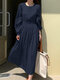 Solid Puff Sleeve Pleated Crew Neck Casual Dress - Blue