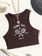 Tennis Racket Letters Graphic Ribbed Knit Crop Tank Top - Brown