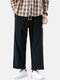 Mens Solid Color Cotton Linen Logo Casual Drawstring Wide Leg Pants - Black