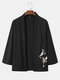 Mens Crane Embroidered Open Front Loose 3/4 Sleeve Black Kimono - Black