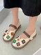 Women Round Toe Sweet & Cute Floral Woven Strap Comfortable Walking Flat Loafers Shoes - Beige