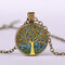 Vintage Geometric Round Tree Of Life Gemstone Pendant Necklace Metal Colorful Glass Printed Necklace - 03