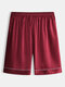 Men Faux Silk Smooth Pajamas Shorts Bathing Thin Solid Color Loose Breathable Home Loungewear Bottoms - Wine Red