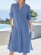 Women Solid Lapel Button Up Shirt Dress With Sleeve Tabs - Blue