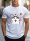 Mens Japanese Heart Cat Print Crew Neck Short Sleeve T-Shirts - White
