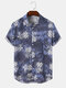 Mens Floral & Bird Print Button Front Short Sleeve Shirts - Blue