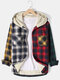 Mens Plaid Patchwork Fleece Lined Button Thicken Warm Casual Hooded Jacket - Multicolor
