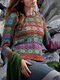 Casual Patchwork Crewneck Plus Size Knit Sweater - Red