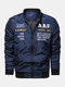 Mens Letter Embroidered Stand Collar Zipper Up Causal Varsity Jacket - Dark Blue