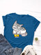 Cartoon Cat Printed O-neck Short Sleeve T-shirt - Royal Blue
