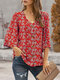 Ditsy Floral Print V-Neck Button Up Flared Sleeve Blouse - Red