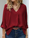 Blusa sólida de manga comprida com decote em V para mulheres - Vermelho