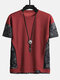 Mens Ethnic Paisley Print Stitching Texture Streetwear Short Sleeve T-Shirts - Wine Red