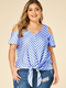 Striped Print Knotted Off Shoulder Plus Size Blouse - Blue