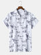 Mens Oriental Flowers Print Breathable Thin Lapel Short Sleeve Shirt - Blue