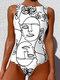 Women One Piece Graffiti Abstract Print Patchwork High Neck Sleeveless Slimming Swimsuit - White2