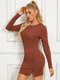 Solid Button Split Long Sleeve Crew Neck Mini Sexy Dress - Brown