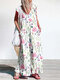 Women Floral Plant Print V-Neck Ruffle Sleeveless Jumpsuit - White