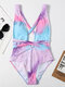 Women Tie Dye Backless Bandage High Fork Holiday One Piece Swimwear - Purple
