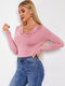 Solid Cowl Neck Long Sleeve Skinny High Elastic T-shirt For Women - Pink