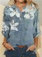 Flower Print Long Sleeve Button Stand Collar Women Blouse - Blue