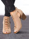 Large Size Casual Suede Hollow-out Cross Strap Design Chunky Heel Peep-toe Pumps Shoes - Apricot