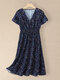 Women Floral Print V-neck Elastic Waist Short Sleeve Dress - Blue